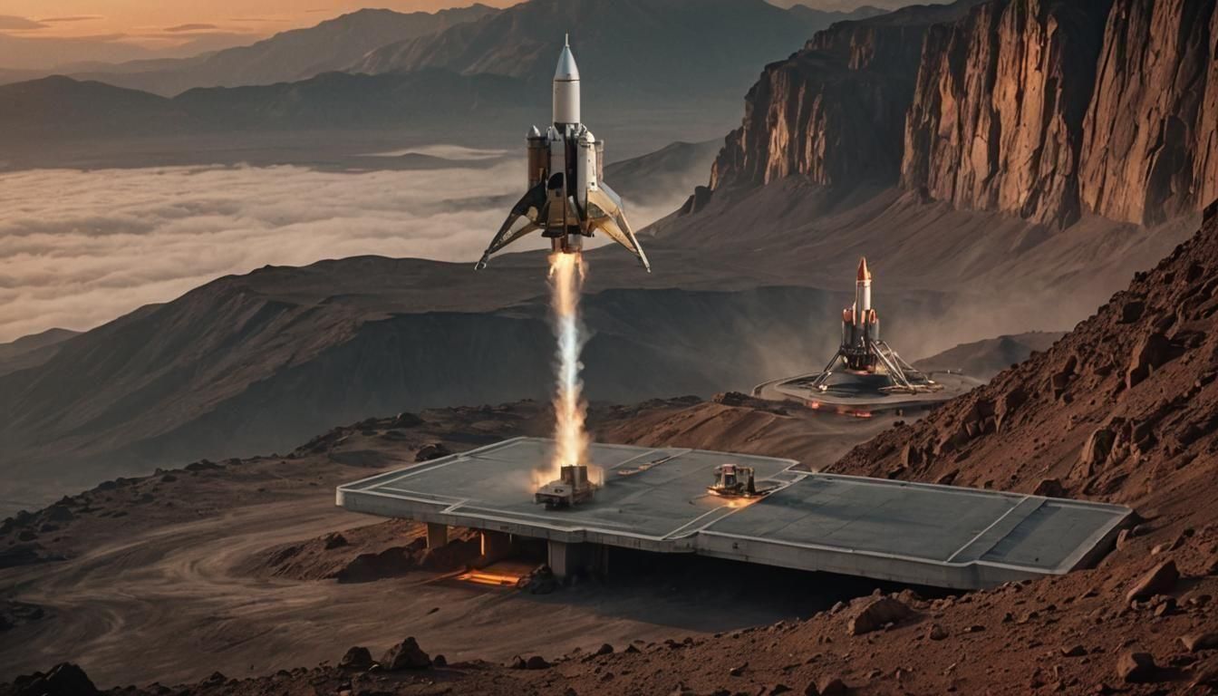 Martian Mountain Rocket Launch: Cinematic Film Still
