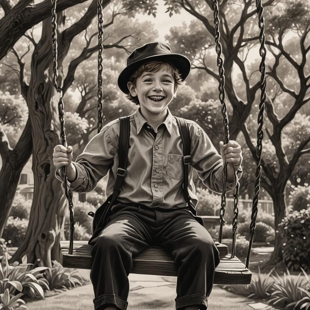 Joyful Boy on Swing: Crayon-Style Fantasy Illustration