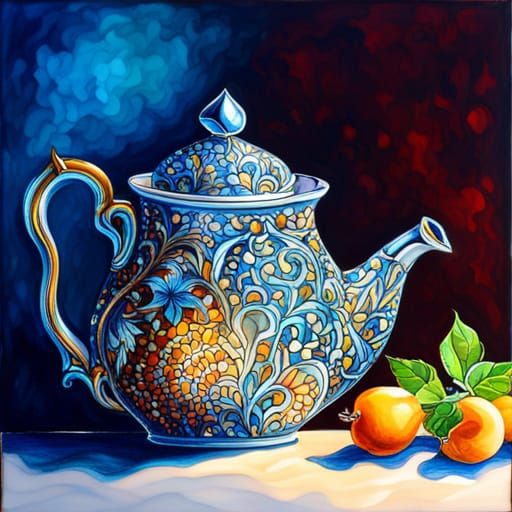 Stained Glass Blue Teapot with Dramatic Lighting
