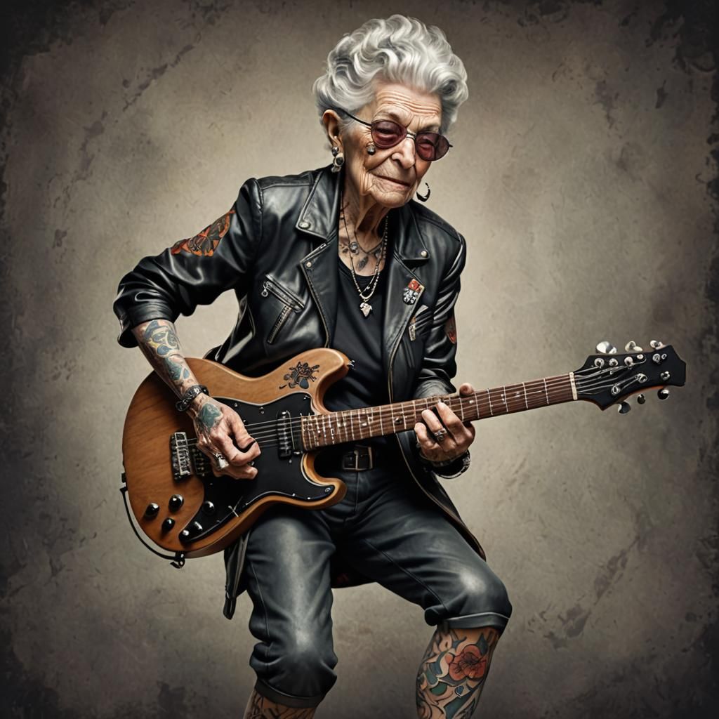 Elderly Tattooed Woman Rocking Guitar: Dark Cartoon