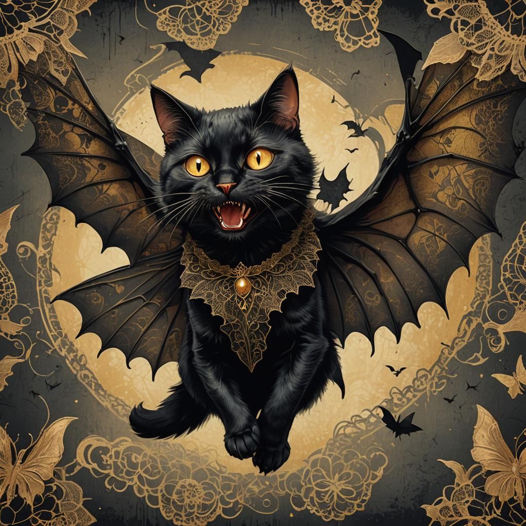 Whimsical drawing of a smiling, purring, black cat with vampire bat wings