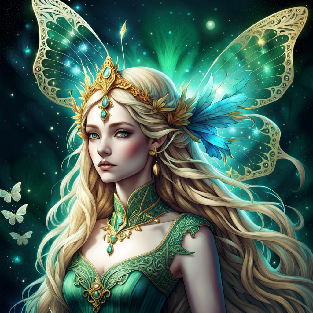 Titania, Fairy Queen, Gazes Upward in Luminous Fantasy Art