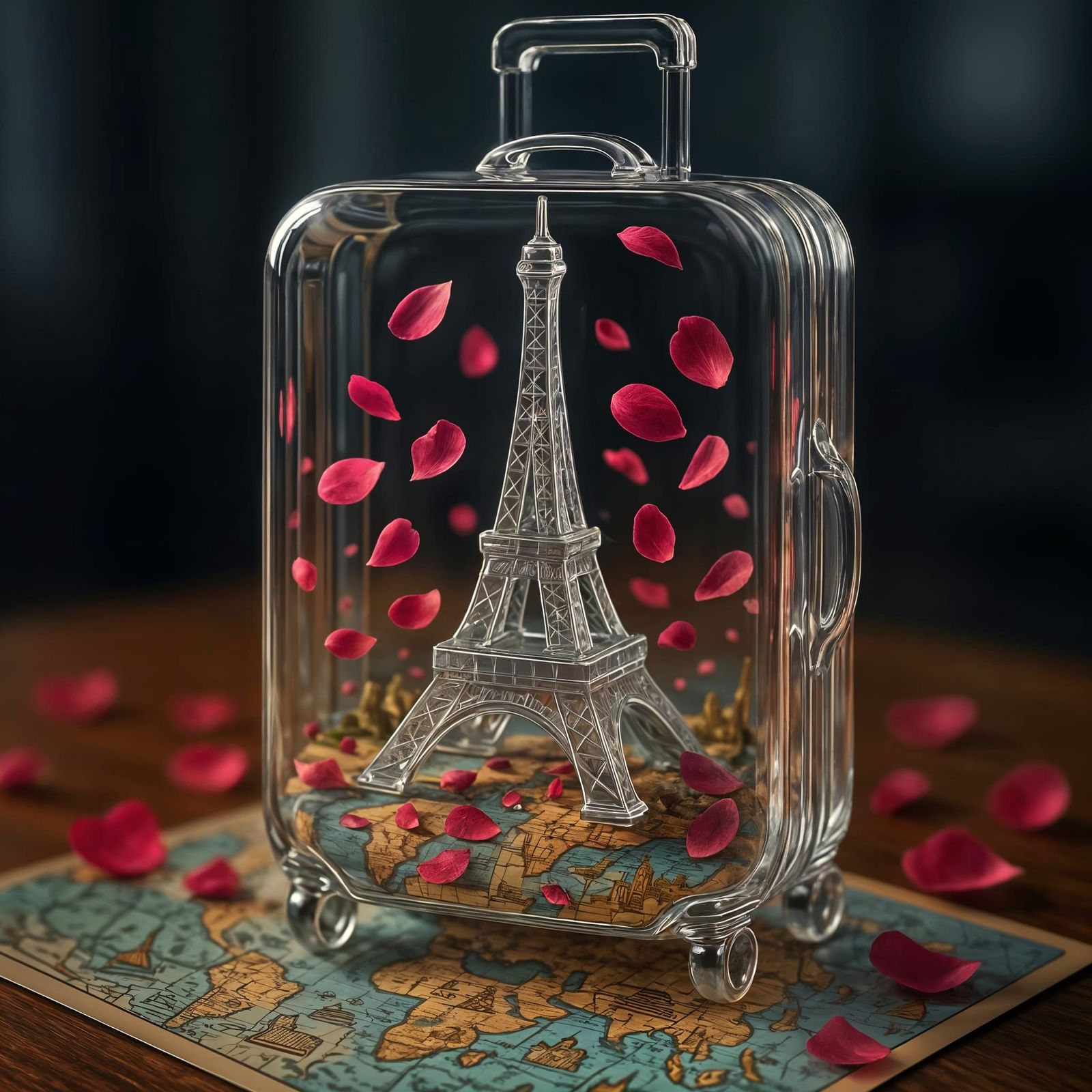 Eiffel Tower Glass Suitcase with Rose Petals: 3D Render