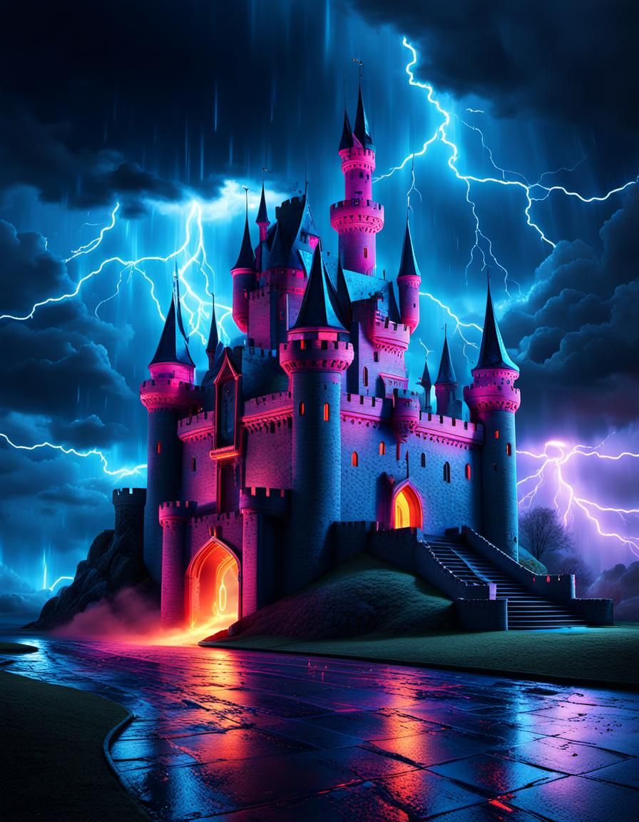 Neon Fantasy Castle in Cyberpunk Style