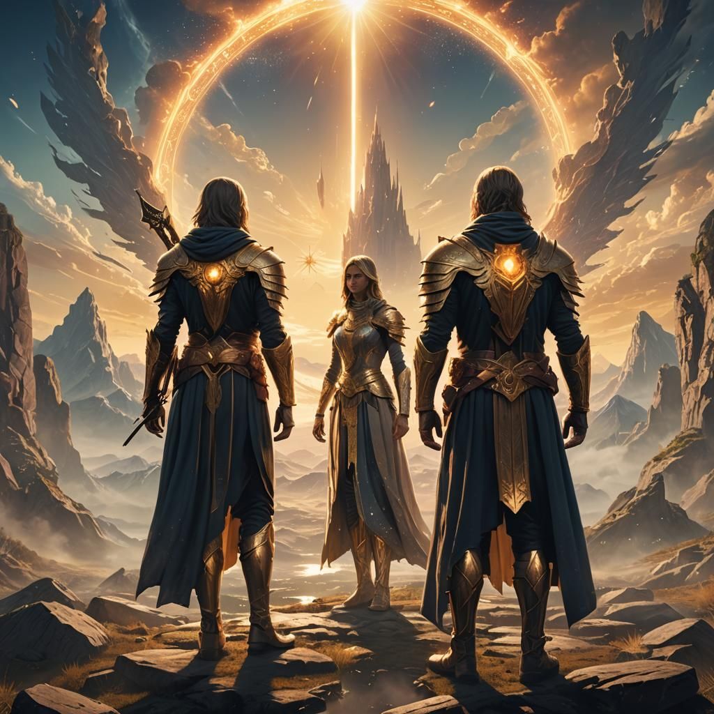 Mystical Fantasy Figures Facing Destiny in Golden Light