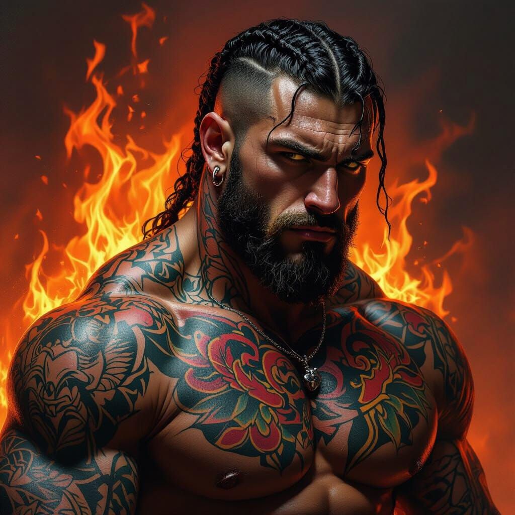 Tattooed Wrestler Amidst Fiery Flames