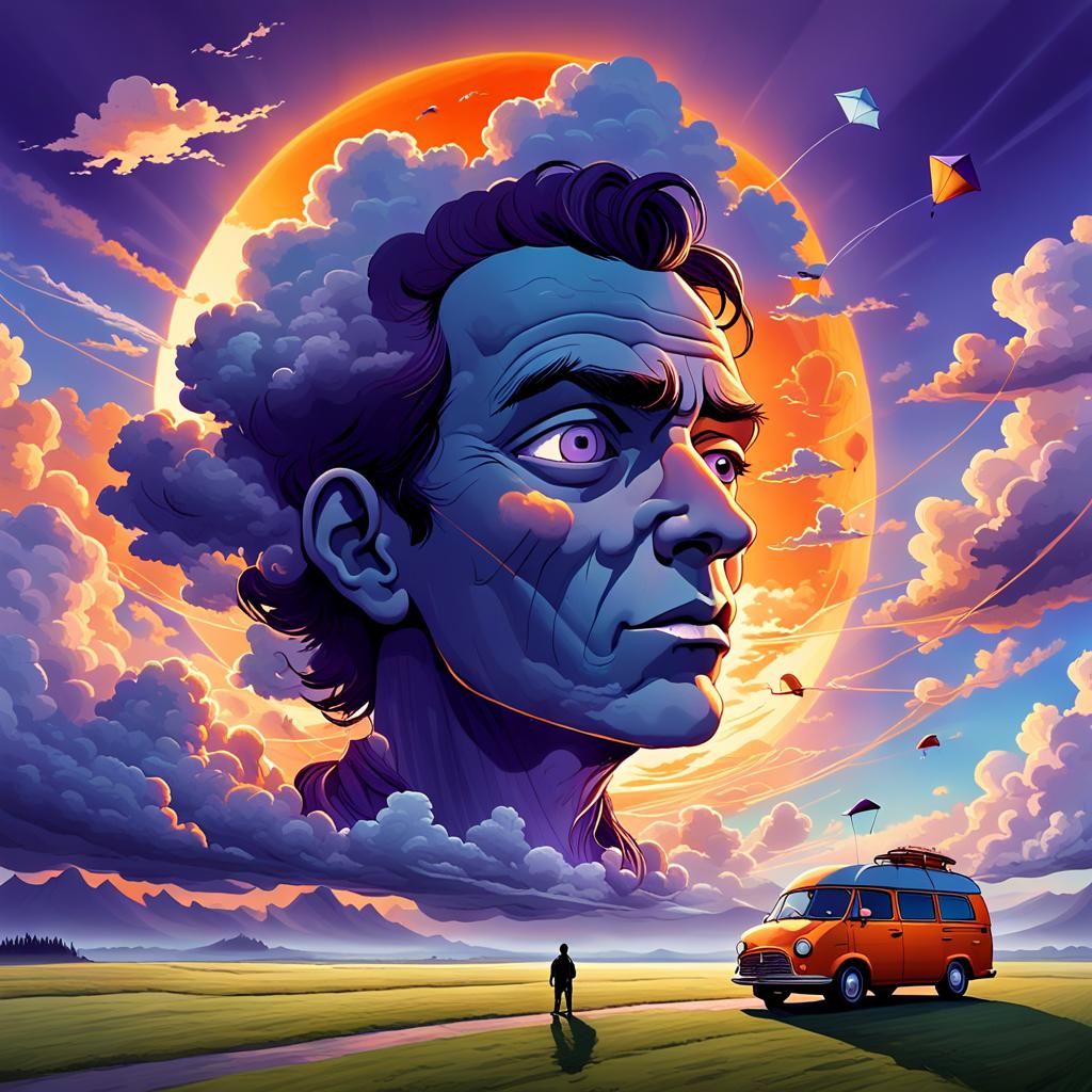 Surreal Cloud Face with Kite