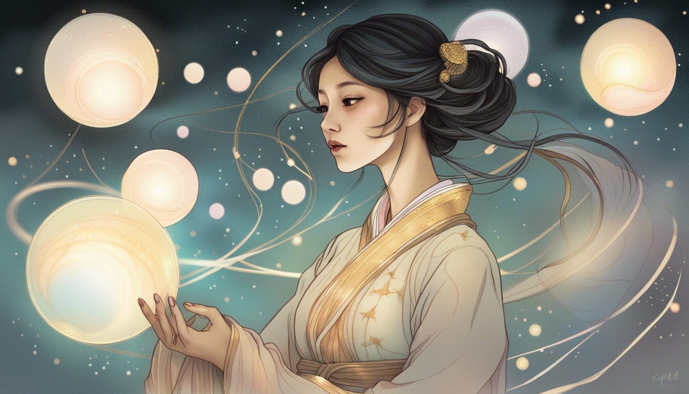 Korean Woman Transmitting Signals, Arthur Rackham Style