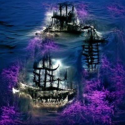 Ghostly Pirate Ship Sailing Dark Waters