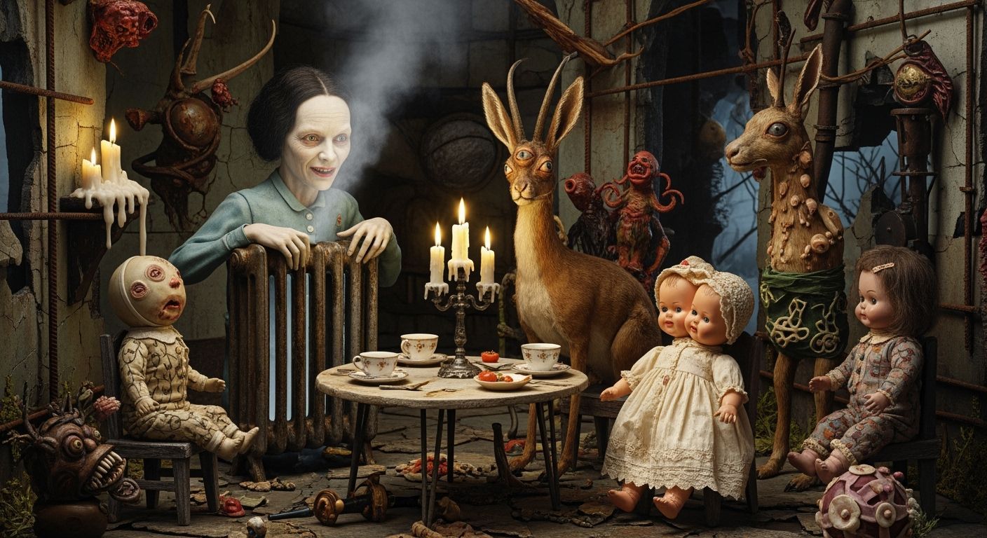 Unsettling Tea Party with Radiator Lady in Dark Surrealism