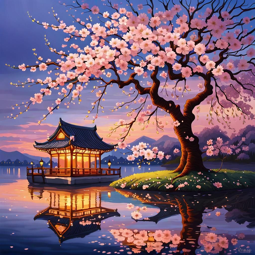 Luminous Cherry Blossom Tree by Lake at Twilight