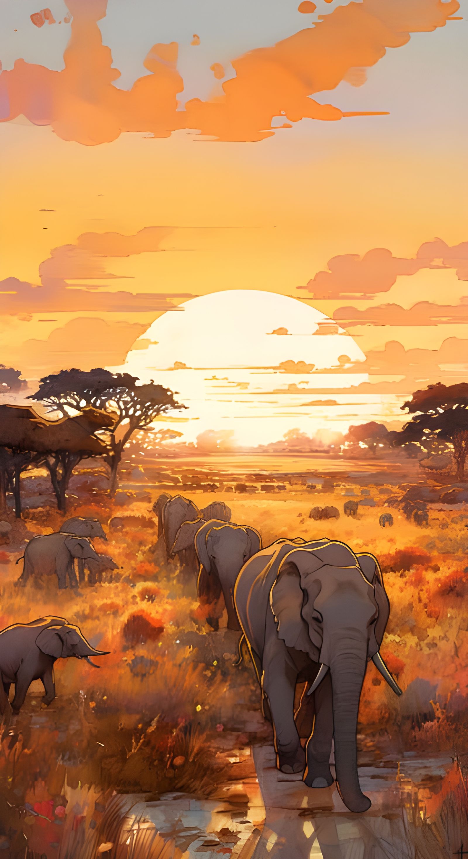 Elephants at Sunset: Manga Watercolor & Oil Illustration
