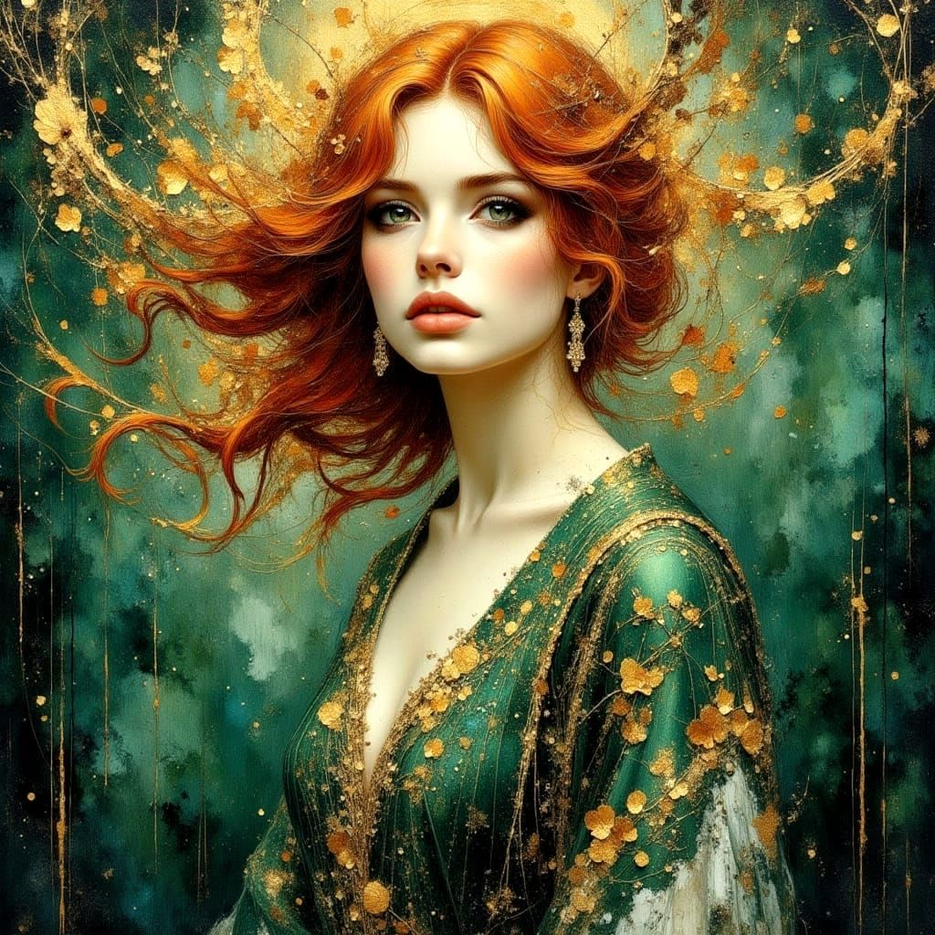 Emerald Filigree Portrait in Art Nouveau Style