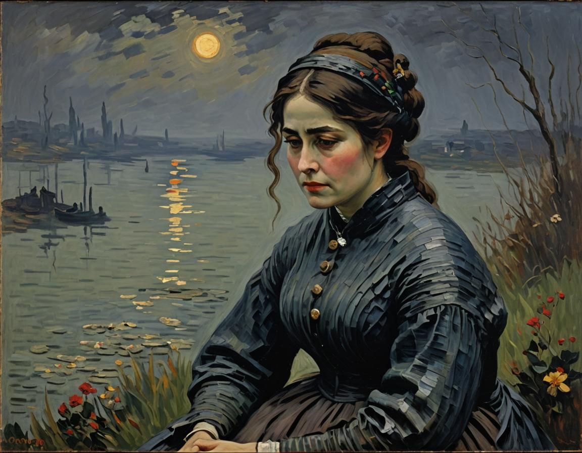 Melancholic Woman in Dark Impressionist Impasto Style
