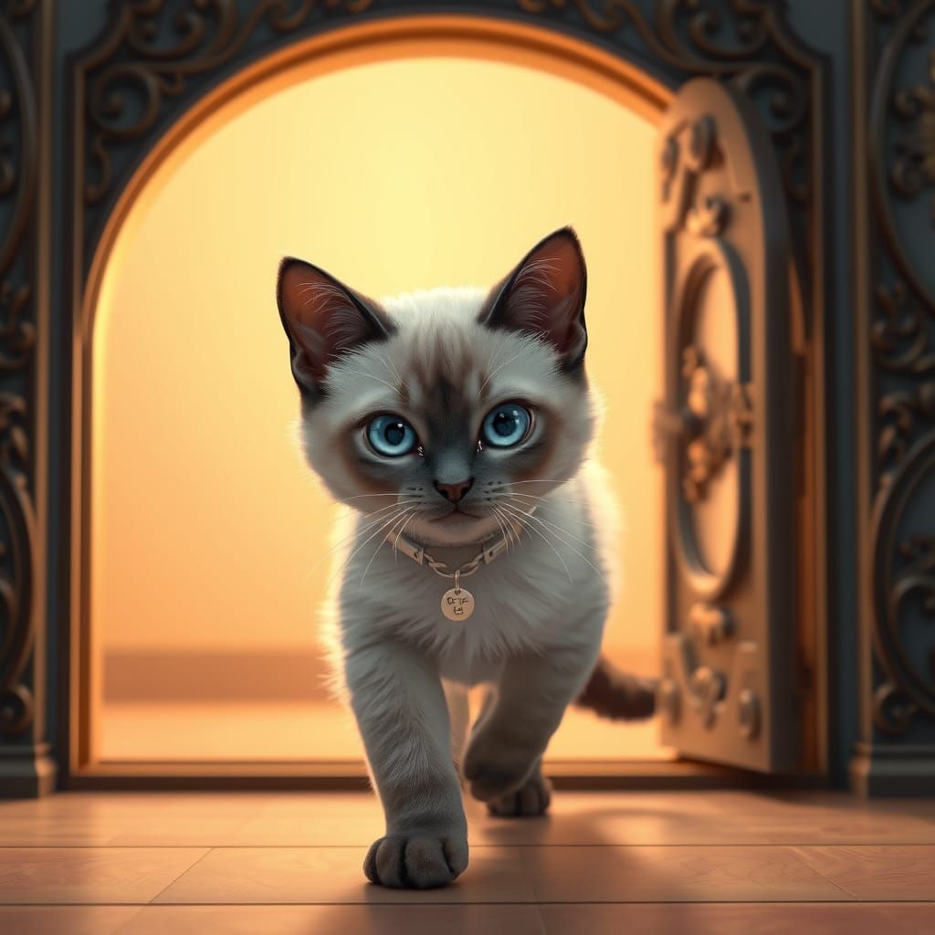 Elegant Siamese Cat Enters Serene Space in Anime Art Style