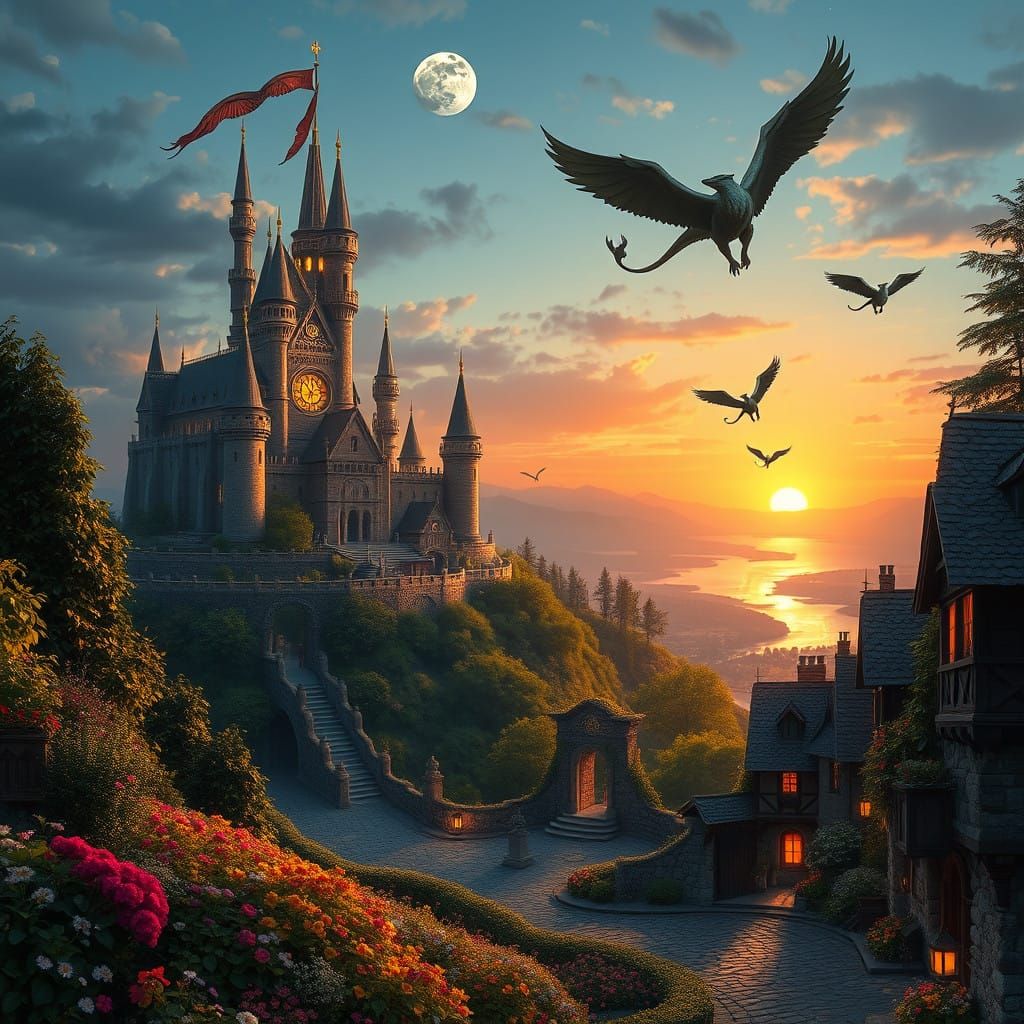 Mystical Kingdom at Sunset with Glowing Castle