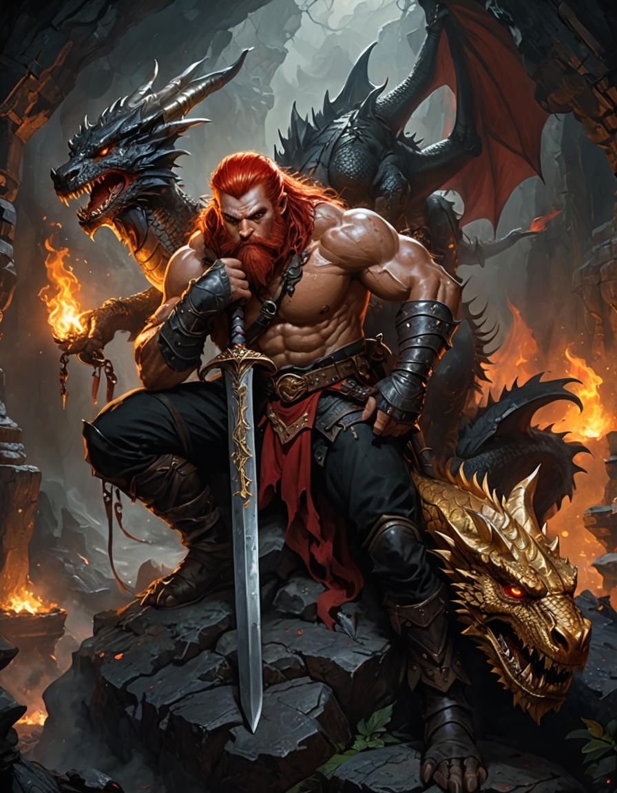 Dwarf Barbarian King on Dragon Throne in Dark Cave