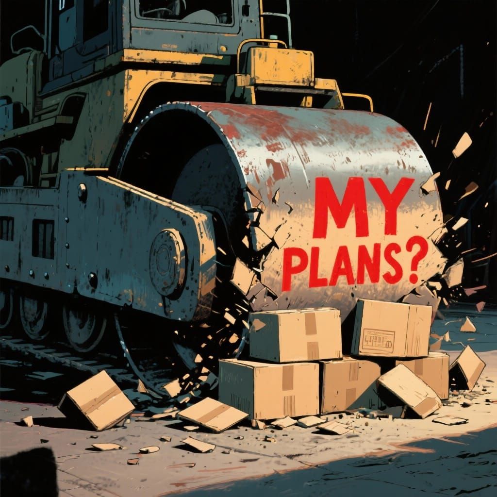 Steamroller Crushes 'MY PLANS' Boxes in High-Contrast Illust...