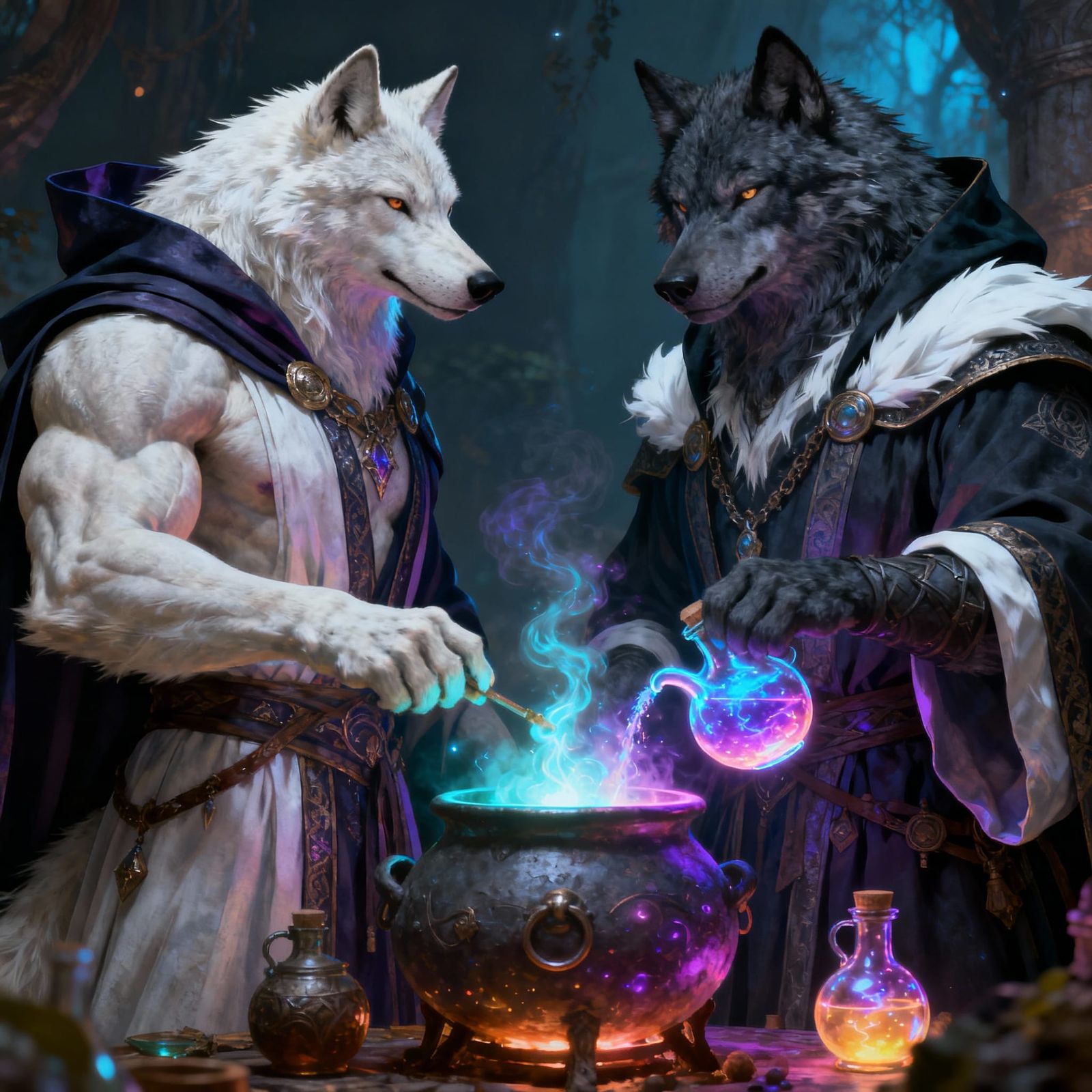 Muscular Wolves Brewing Magic Potions in Fantasy Art