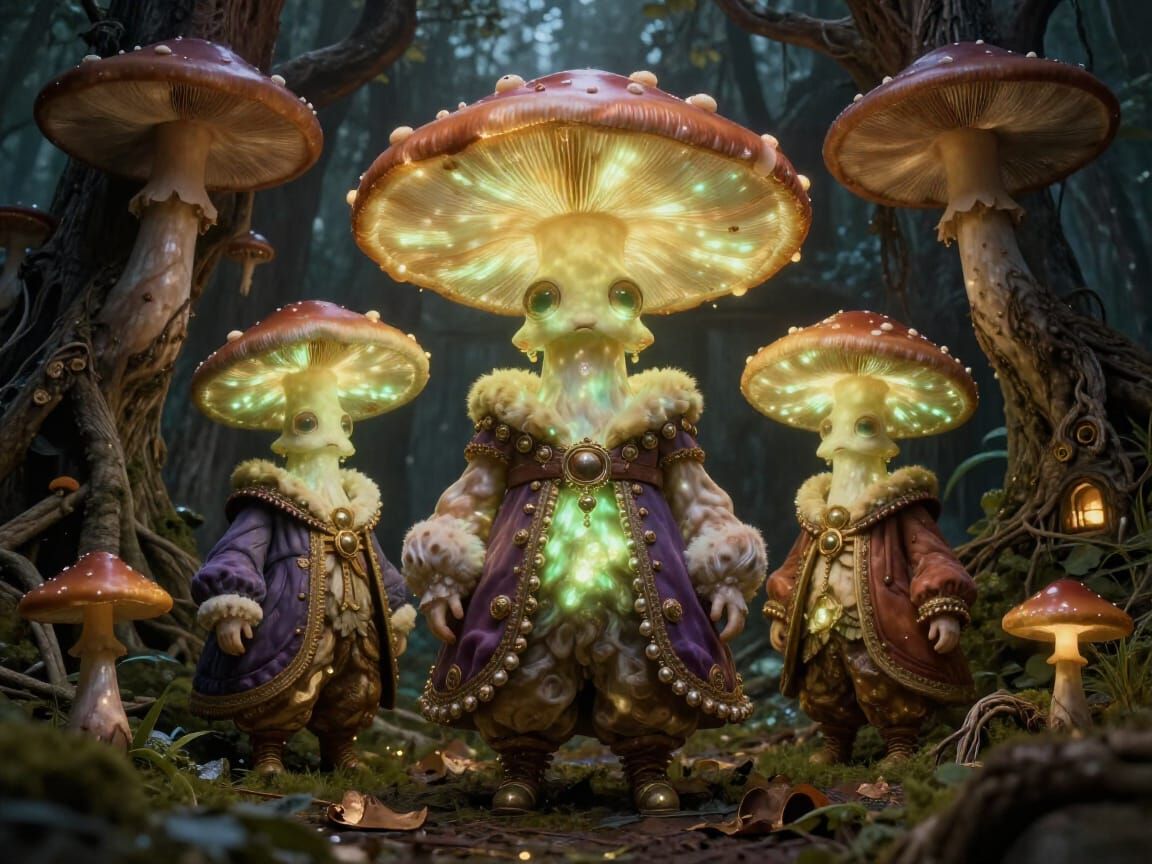 Anthropomorphic Mushrooms in Sumptuous, Glowing Outfits