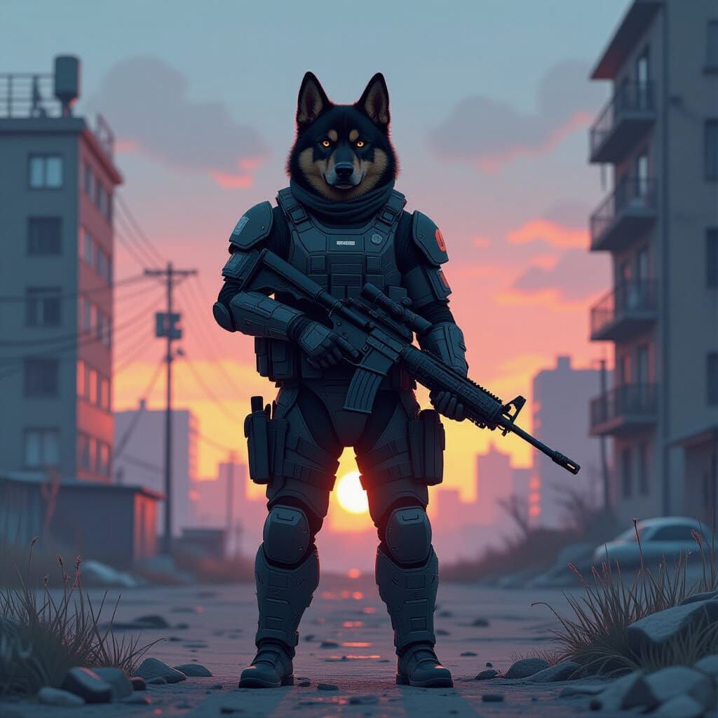 Armored Dog Soldier Victorious in Dystopian Urban Setting