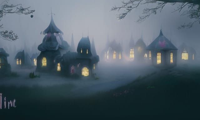 Magical Foggy Village in Dark Fantasy Style