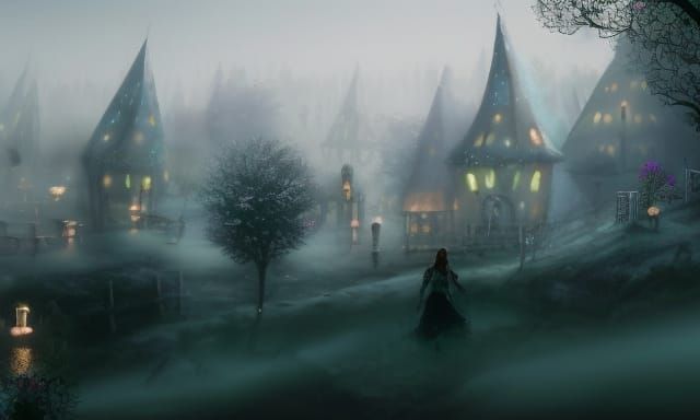 Magical Foggy Village in a Dark Fantasy Landscape