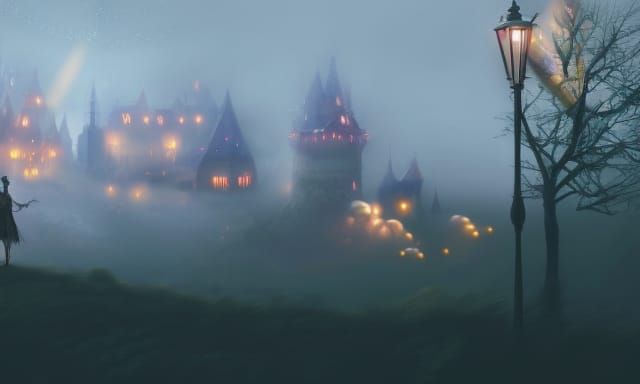 Ethereal Foggy Village in Dark Fantasy Landscape