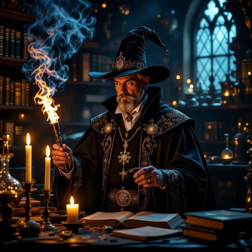 Magician Ignites Candles in Mystical Study