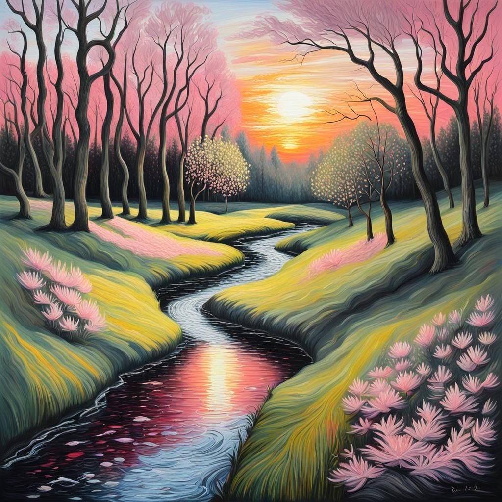 Sunset Forest Stream: A Whimsical Oil Handpainting