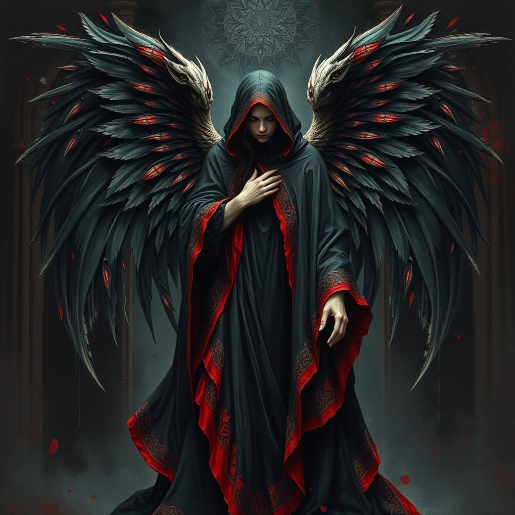 Gothic Angel in Black and Red Robes