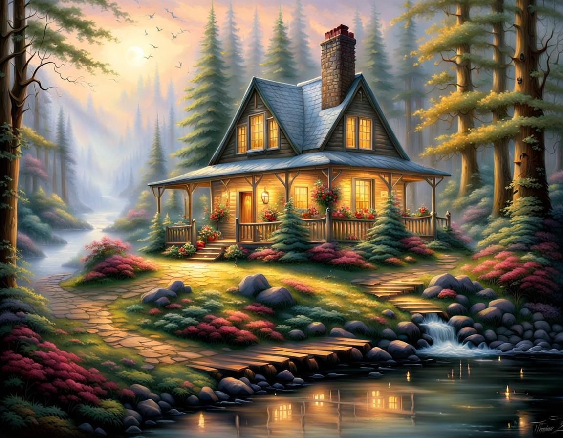 Ethereal Cabin in Misty Woods: Fantasy Art