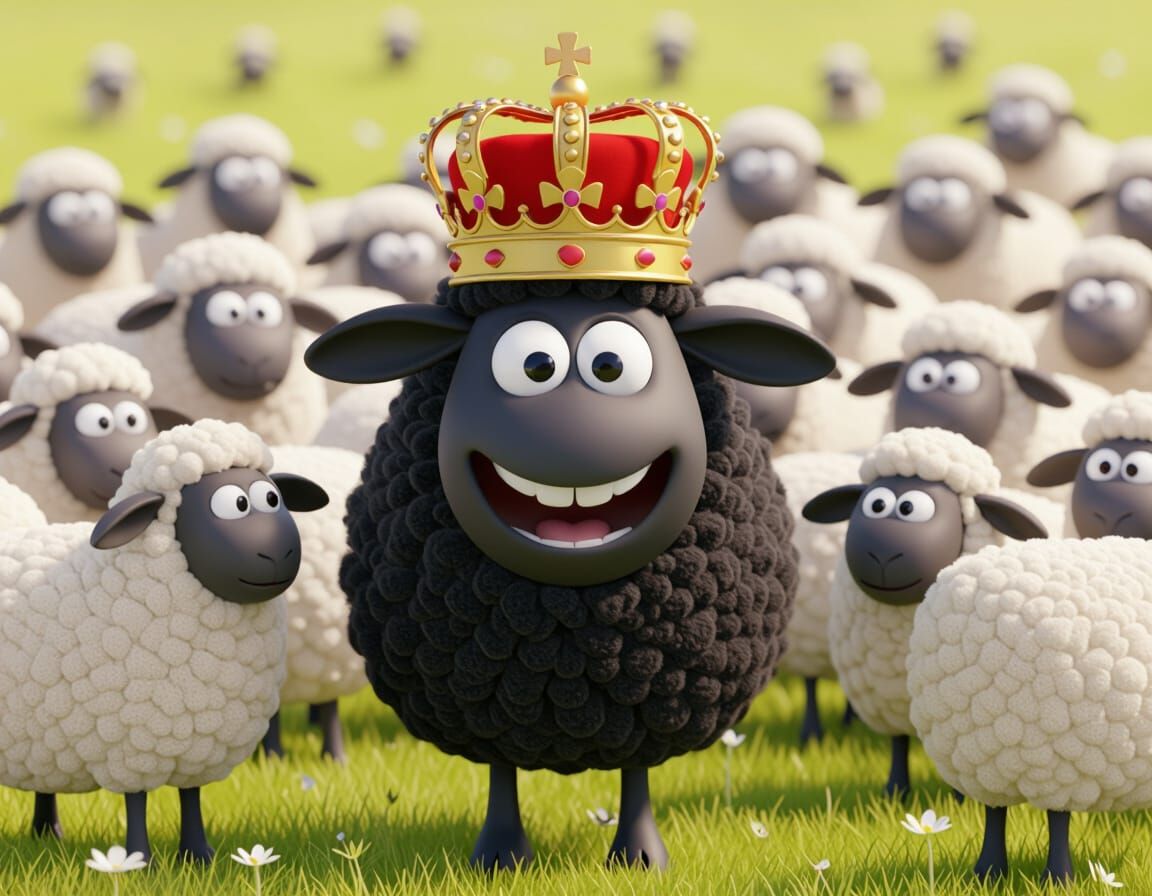 Black Sheep King Smiles Over Dirty White Sheep
