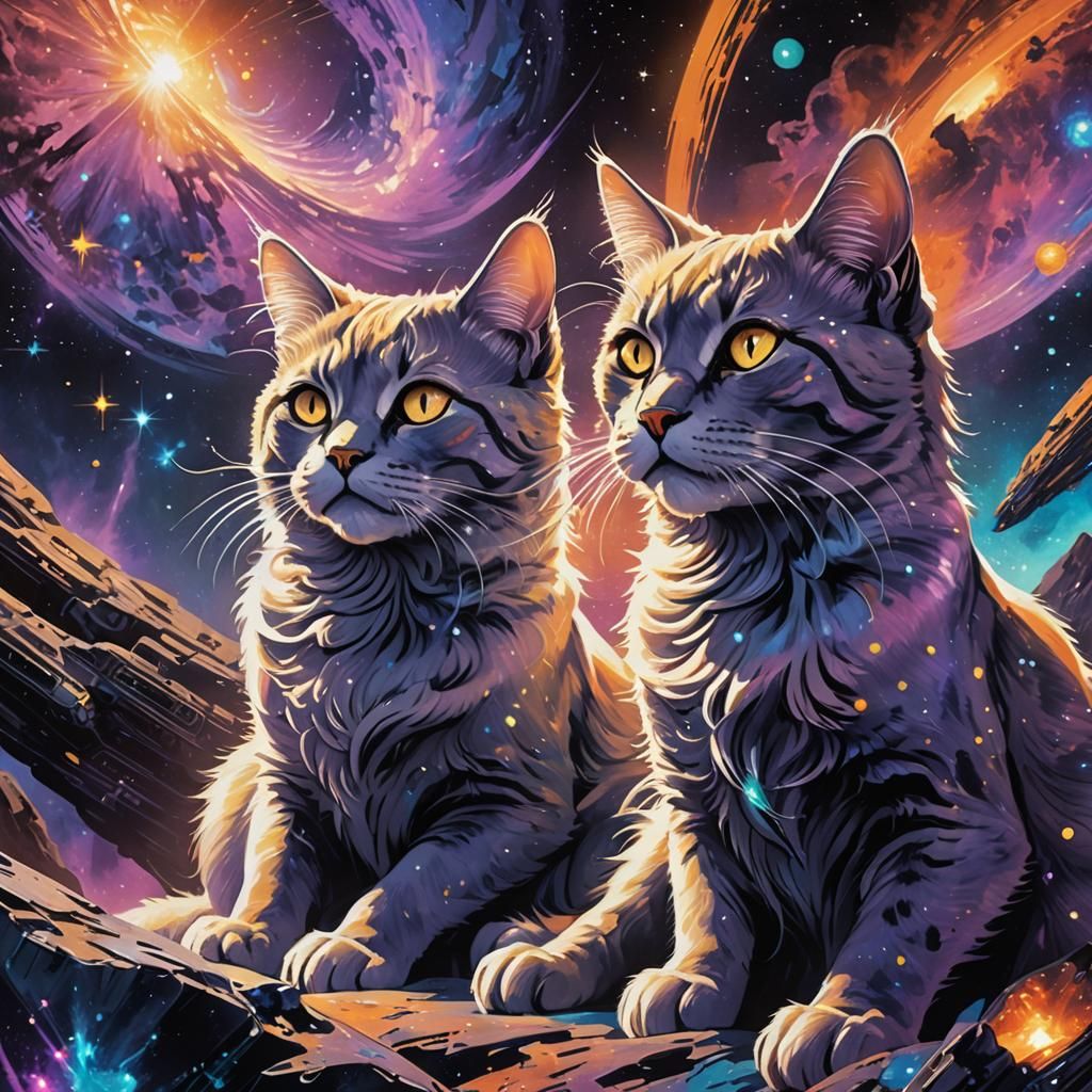 Galaxy Cats on Asteroid in Sci-Fi Style