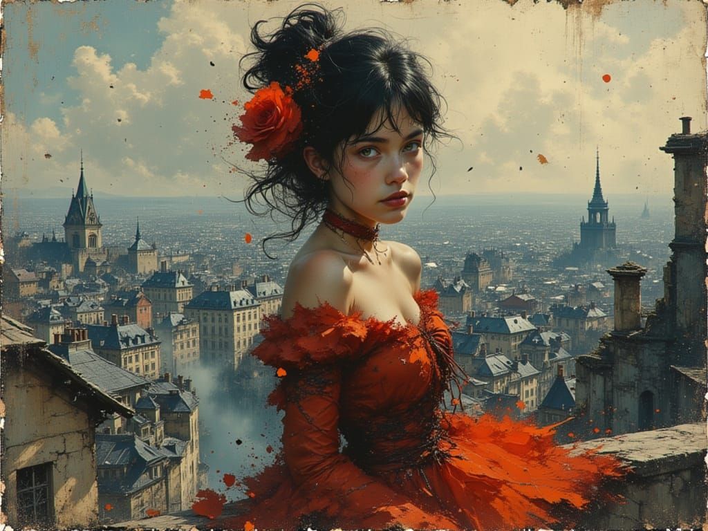 Woman on Paris Rooftops in Dynamic Lighting