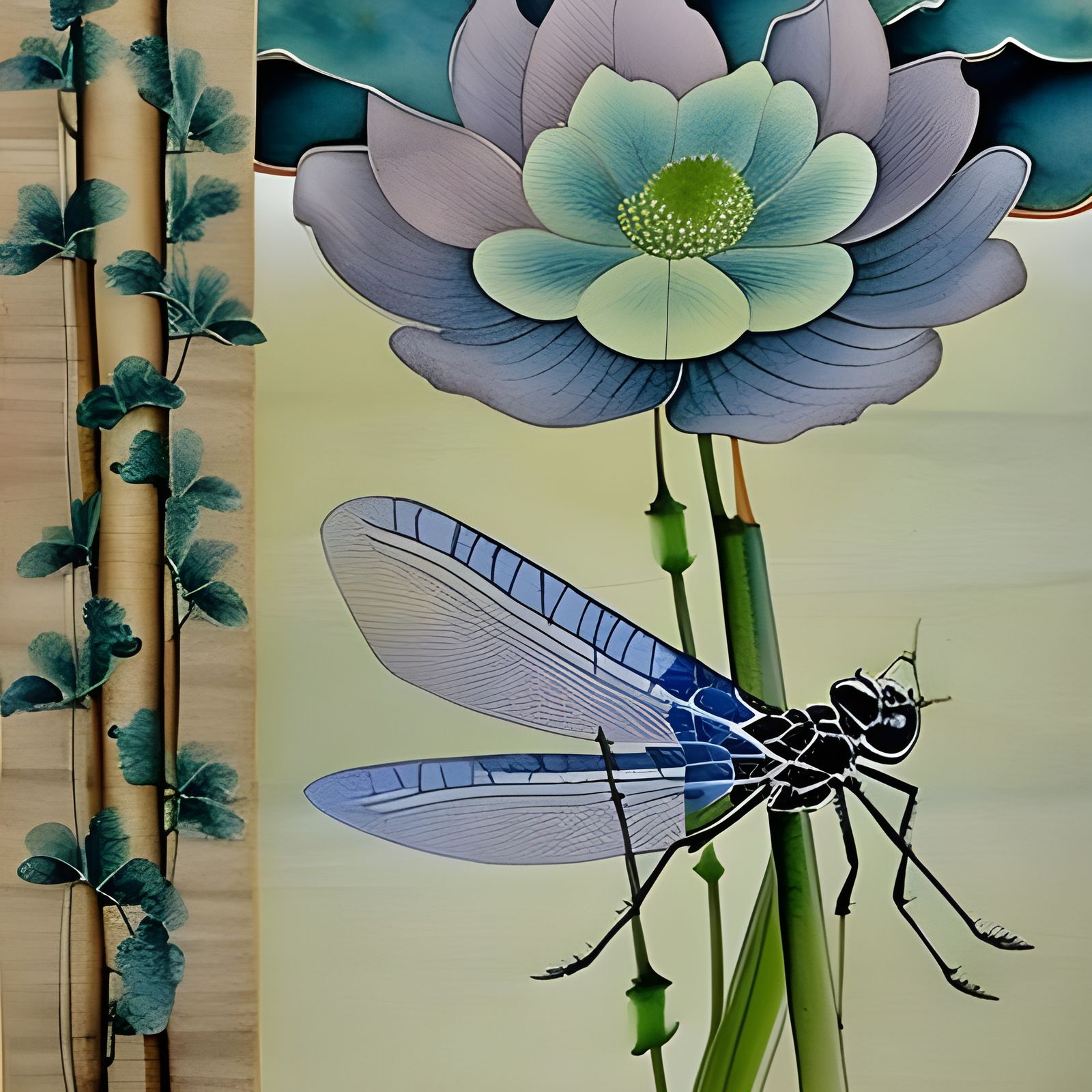 Dragonfly, Lotus, and Bamboo: Watercolor Painting