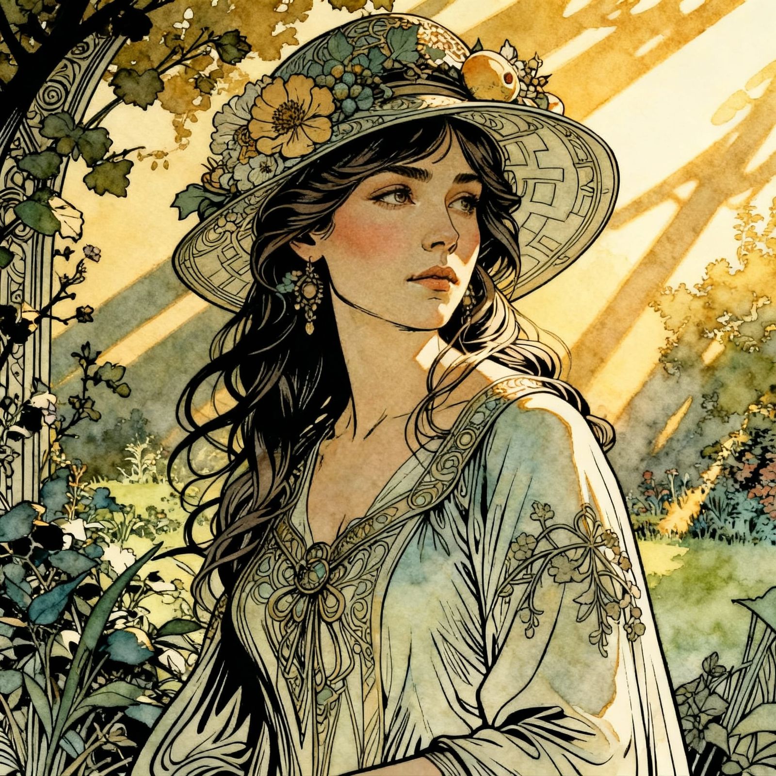 Woman in Ornate Hat in Sun-Dappled Garden