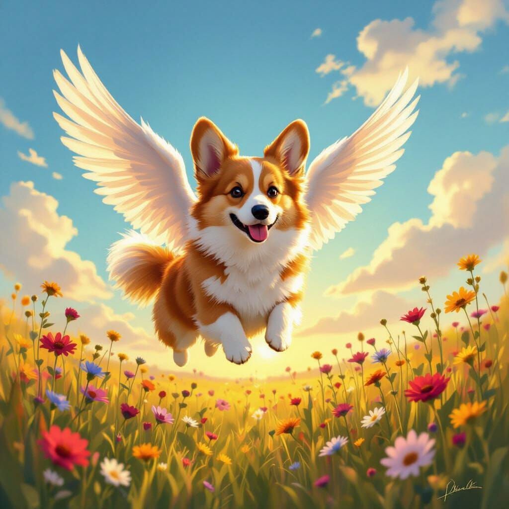Fluffy Corgi With Wings Soars Over Wildflower Meadow