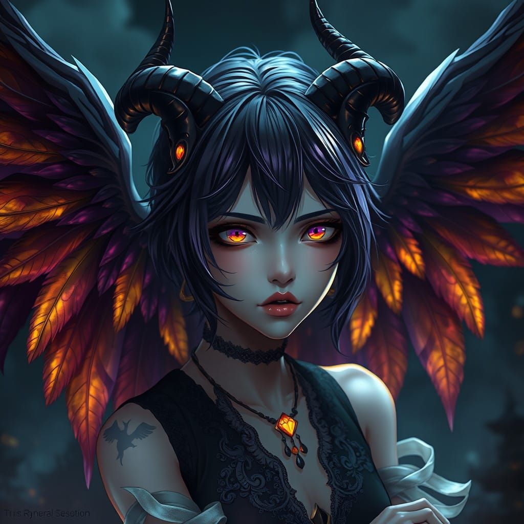 Dark Anime Emo Trans Girl with Wings and Horns in Dark Fanta...