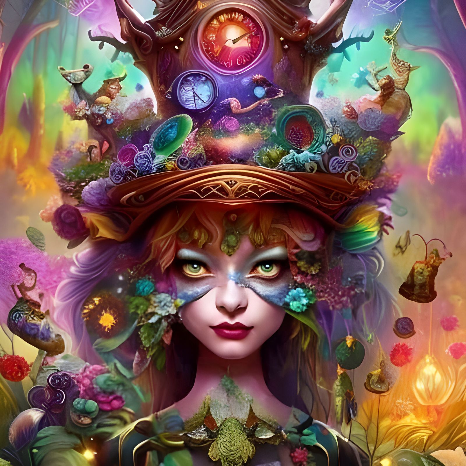 Mad Hatter Cat in Enchanted Clockpunk Forest