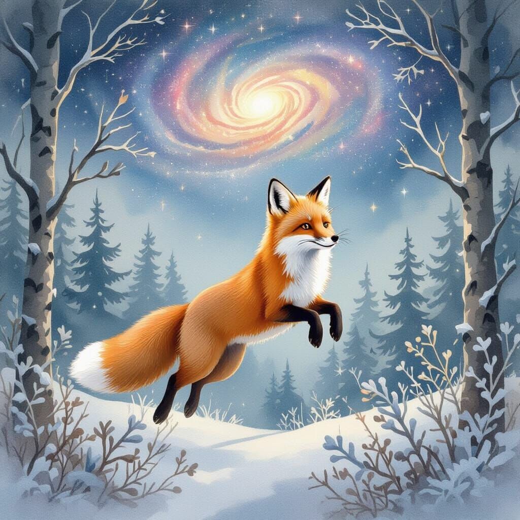 Playful Fox in Frosty Forest Under Galaxy Sky
