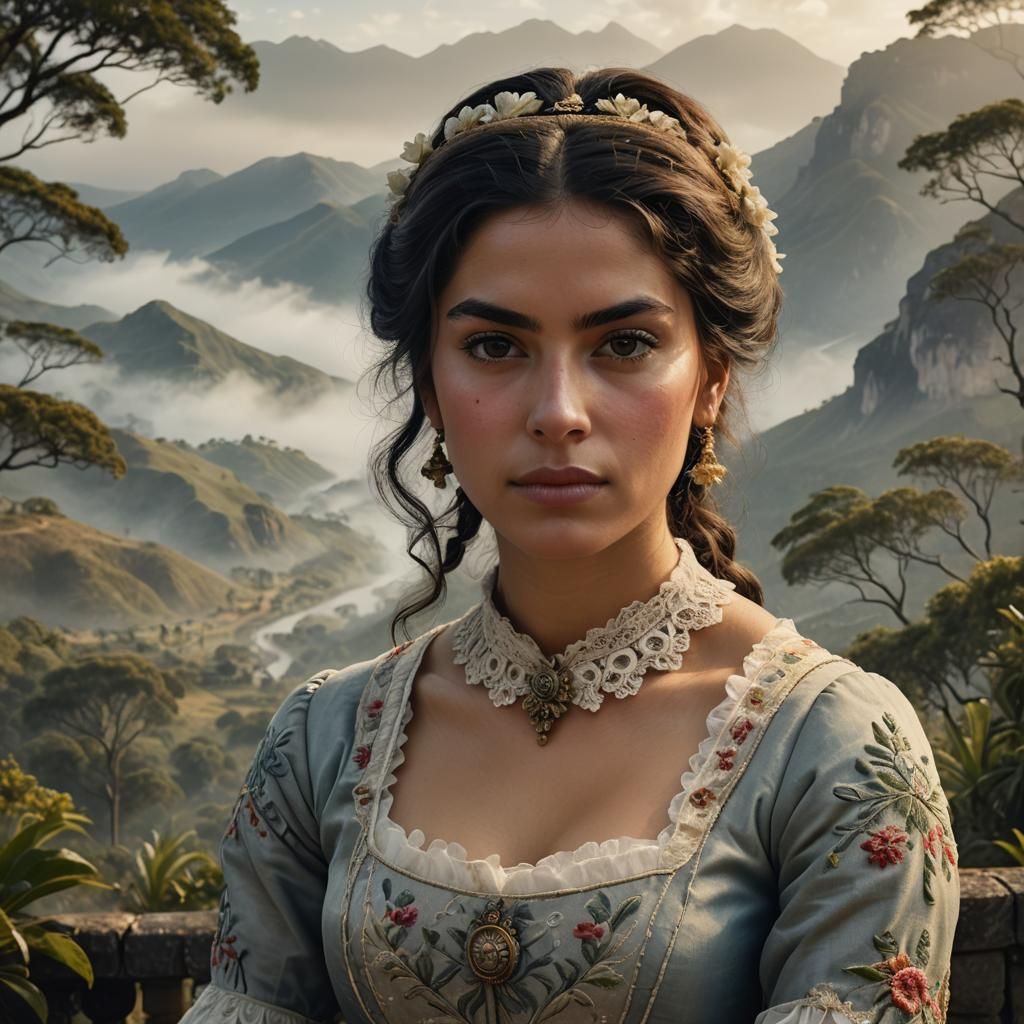 Colonial Portrait of Chilean Woman in Valdivian Landscape