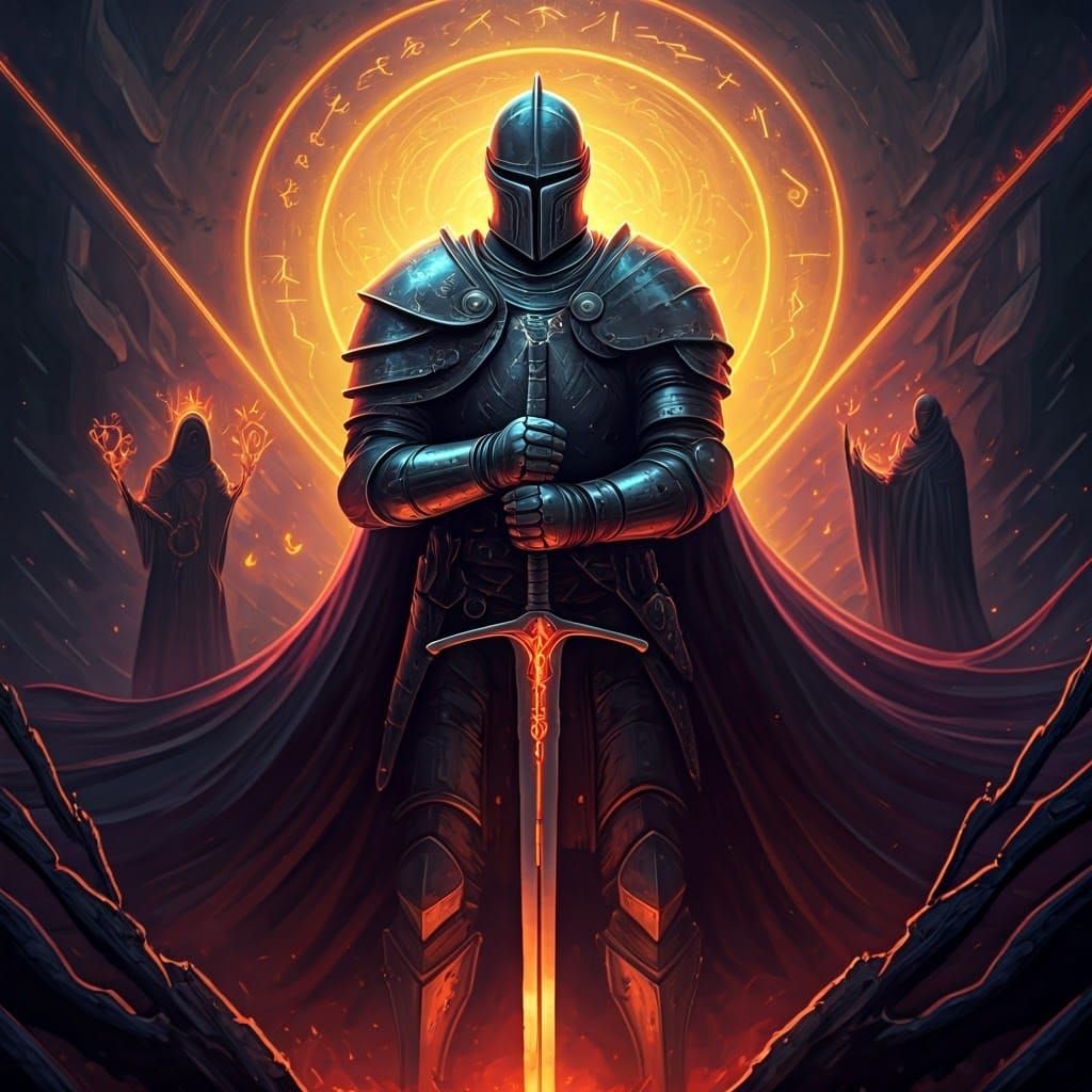 Heroic Knight and Mage Conjuring Runes in Surrealism