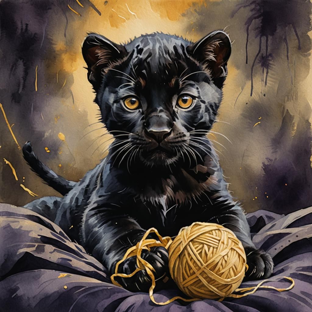 Black Panther Kitten in Gouache Style Watercolor