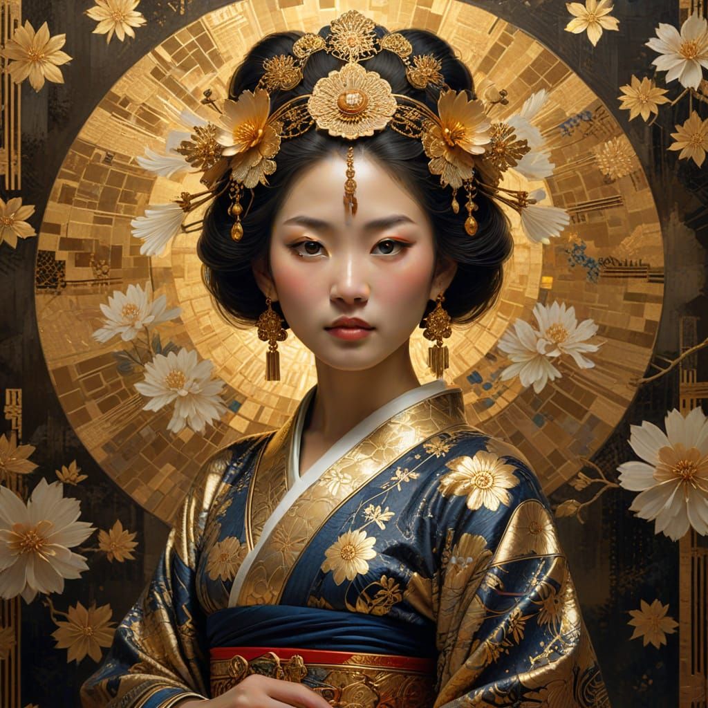 Mythical Japanese Woman in Ornate Kimono, Byzantine Mosaics