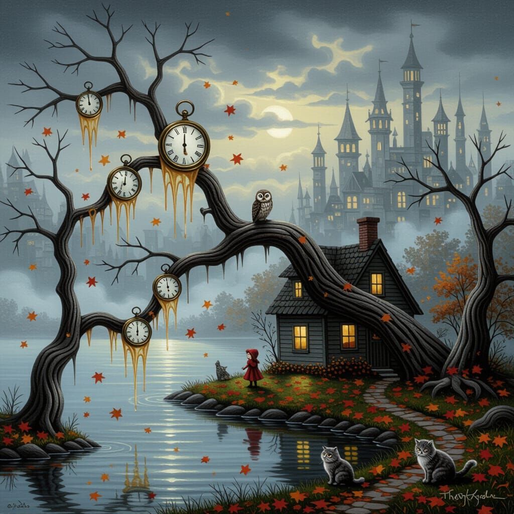 Steampunk Island with Melting Clocks and Autumn Mist
