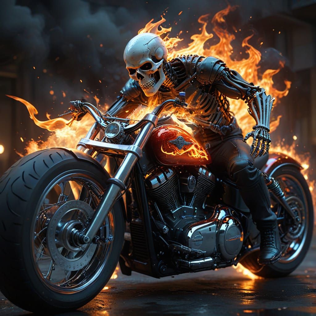 Skeleton Rider on Flaming Harley Davidson