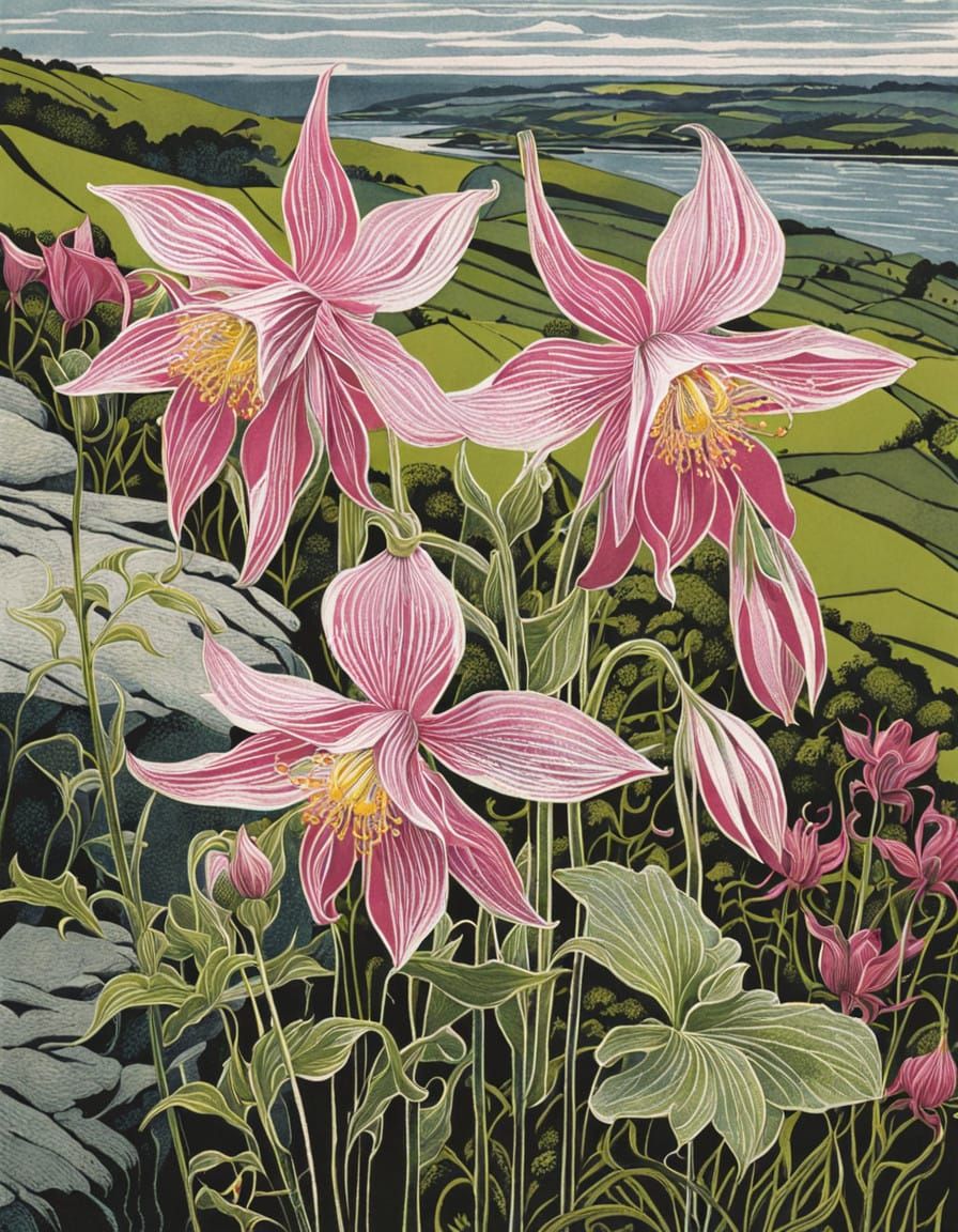 Wild Pink Columbine as Intricately Detailed Linoprint