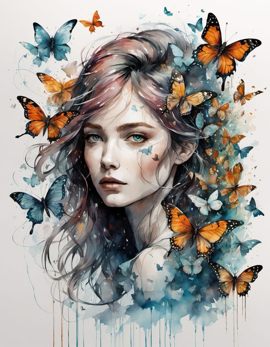 Forest Spirit Woman With Butterflies Scattering in Wind