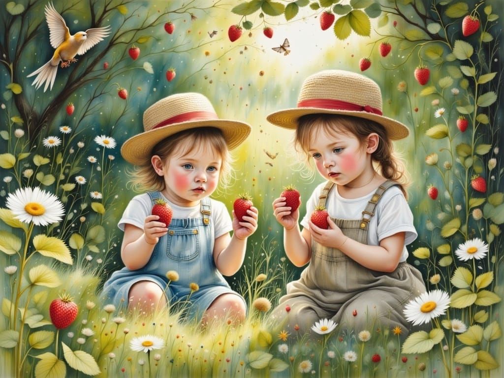 Whimsical Toddler Siblings in a Sunlit Forest Scene with Wil...